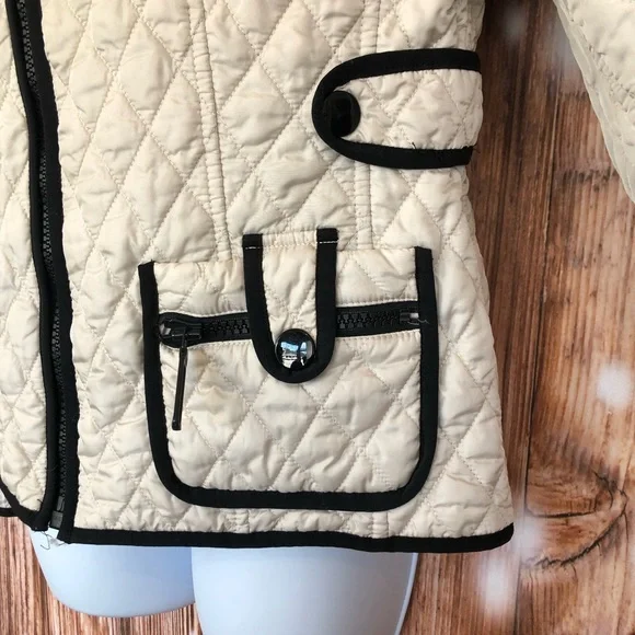Ann Taylor Pearl White with Black Trim Quilted Zipper Jacket - Picture 3 of 6